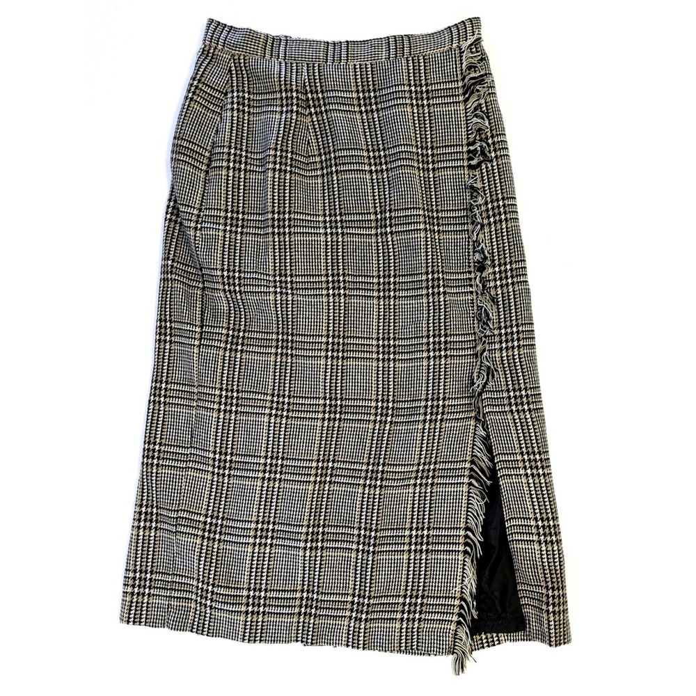 Vintage Claude Glen Plaid Fringe Midi Skirt Black Tan Check Made in USA 13/14